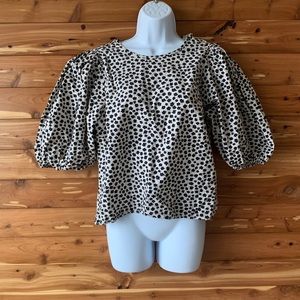 H&M Womens Shirt Blouse Top Black White Floral Balloon Sleeves Tie Back Medium.